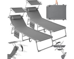 tectake® Ligbedden met Zonnescherm - Set van 2 Zonnebedden - 4 standen - Inklapbaar - Met Handgreep, Zijvak en Hoofdkussen - Grijs