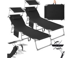 tectake® Ligbedden met Zonnescherm - Set van 2 Zonnebedden - 4 standen - Inklapbaar - Met Handgreep, Zijvak en Hoofdkussen - Zwart