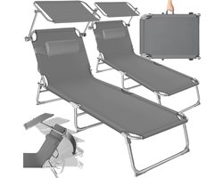 tectake® Ligbedden met Zonnescherm - Set van 2 Zonnebedden - 68 x 190 x 28 cm - 4 standen - Inklapbaar - Met Handgreep - Grijs