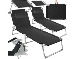tectake® Ligbedden met Zonnescherm - Set van 2 Zonnebedden - 68 x 190 x 28 cm - 4 standen - Inklapbaar - Met Handgreep - Zwart