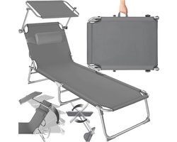 tectake® Ligstoel met Zonnescherm - Opvouwbaar Ligbed - Zonnebed met Verstelbare Rugleuning in 4 Standen - Inclusief Hoofdkussen - Strandstoel voor Buiten - Ideaal voor Tuin, Zwembad, Camping - Grijs