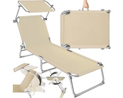 tectake® Ligstoel met Zonnescherm - Opvouwbaar Ligbed - Zonnebed met Verstelbare Rugleuning in 4 Standen - Inclusief Hoofdkussen - Strandstoel voor Buiten - Ideaal voor Tuin, Zwembad, Camping - Beige