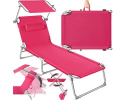 tectake® - ligstoel, robuust, verstelbaar, stalen onderstel met zonnescherm, 4-standen rugleuning inclusief hoofdkussen, strandstoel Ideaal voor tuin, zwembad, camping– pink - 68 x 190 x 28 cm