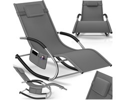 tectake® Ligstoel Taya - Ergonomisch Ligbed voor Tuin, Terras, Balkon - Relaxstoel met Schommelfunctie - Tuinstoel met Comfortabele Armleuningen, Hoofdsteun en Opbergvak - Weerbestendig en Waterafstotend - 120kg Draagkracht - Grijs