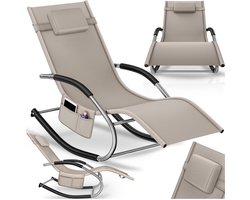 tectake® Ligstoel Taya - Ergonomisch Ligbed voor Tuin, Terras, Balkon - Relaxstoel met Schommelfunctie - Tuinstoel met Comfortabele Armleuningen, Hoofdsteun en Opbergvak - Weerbestendig en Waterafstotend - 120kg Draagkracht - Beige
