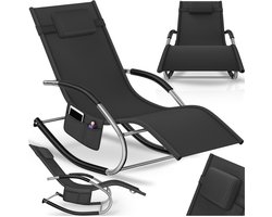 tectake® Ligstoel Taya - Ergonomisch Ligbed voor Tuin, Terras, Balkon - Relaxstoel met Schommelfunctie - Tuinstoel met Comfortabele Armleuningen, Hoofdsteun en Opbergvak - Weerbestendig en Waterafstotend - 120kg Draagkracht - Zwart