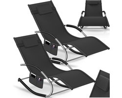 tectake® Ligstoelen Taya - Set van 2 - Ergonomische Ligbedden voor Tuin, Terras, Balkon - Relaxstoelen met Schommelfunctie - Tuinstoelen met Comfortabele Armleuningen, Hoofdsteun en Opbergvak - Weerbestendig en Waterafstotend - Zwart