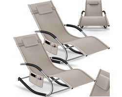 tectake® Ligstoelen Taya - Set van 2 - Ergonomische Ligbedden voor Tuin, Terras, Balkon - Relaxstoelen met Schommelfunctie - Tuinstoelen met Comfortabele Armleuningen, Hoofdsteun en Opbergvak - Weerbestendig en Waterafstotend - Beige