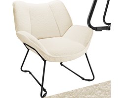 tectake® Loungefauteuil - Ronde relaxfauteuil - Teddyfauteuil - Gestoffeerde stoel - Bouclé bekleding - Leesfauteuil van pluche - Scandinavische stijl - creme wit