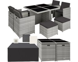 tectake® Loungemeubelset - Wicker tuinset - 4 stoelen, 4 krukken en 1 tafel - Tuinmeubelen voor balkon, tuin en terras - Inclusief beschermhoes en kussens - Met 2 kleuren hoezensets - Gemakkelijk te onderhouden - Glazen tafelblad - Lichtgrijs