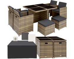 tectake® Loungemeubelset - Wicker tuinset - 4 stoelen, 4 krukken en 1 tafel - Tuinmeubelen voor balkon, tuin en terras - Inclusief beschermhoes en kussens - Met 2 kleuren hoezensets - Gemakkelijk te onderhouden - Glazen tafelblad - Natuur
