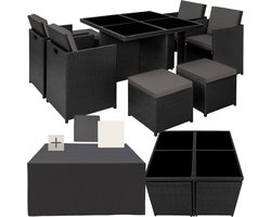 tectake® Loungemeubelset - Wicker tuinset - 4 stoelen, 4 krukken en 1 tafel - Tuinmeubelen voor balkon, tuin en terras - Inclusief beschermhoes en kussens - Met 2 kleuren hoezensets - Gemakkelijk te onderhouden - Glazen tafelblad - Zwart
