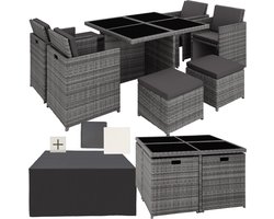 tectake® Loungemeubelset - Wicker tuinset - 4 stoelen, 4 krukken en 1 tafel - Tuinmeubelen voor balkon, tuin en terras - Inclusief beschermhoes en kussens - Met 2 kleuren hoezensets - Gemakkelijk te onderhouden - Glazen tafelblad - Grijs
