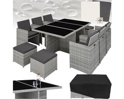 tectake® Loungemeubelset - Wicker tuinset - 6 stoelen, 4 krukken en 1 tafel - Tuinmeubelen voor balkon, tuin en terras - Inclusief beschermhoes en kussens - Met 2 kleuren hoezensets - Gemakkelijk te onderhouden - Glazen tafelblad - Lichtgrijs