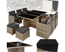 tectake® Loungemeubelset - Wicker tuinset - 6 stoelen, 4 krukken en 1 tafel - Tuinmeubelen voor balkon, tuin en terras - Inclusief beschermhoes en kussens - Met 2 kleuren hoezensets - Gemakkelijk te onderhouden - Glazen tafelblad - Natuur