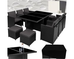 tectake® Loungemeubelset - Wicker tuinset - 6 stoelen, 4 krukken en 1 tafel - Tuinmeubelen voor balkon, tuin en terras - Inclusief beschermhoes en kussens - Met 2 kleuren hoezensets - Gemakkelijk te onderhouden - Glazen tafelblad - Zwart