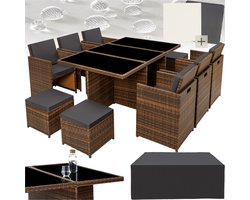 tectake® Loungemeubelset - Wicker tuinset - 6 stoelen, 4 krukken en 1 tafel - Tuinmeubelen voor balkon, tuin en terras - Inclusief beschermhoes en kussens - Met 2 kleuren hoezensets - Gemakkelijk te onderhouden - Glazen tafelblad - Bruin