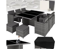 tectake® Loungemeubelset - Wicker tuinset - 6 stoelen, 4 krukken en 1 tafel - Tuinmeubelen voor balkon, tuin en terras - Inclusief beschermhoes en kussens - Met 2 kleuren hoezensets - Gemakkelijk te onderhouden - Glazen tafelblad - Grijs