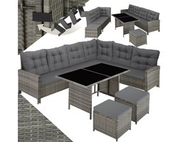 tectake® Loungeset Barletta - 6 tot 8 Personen - Modulaire Tuinset met Loungebank, Kruk en Tuintafel - Tuinmeubels - Balkonmeubel - 5-delige Zitgroep - Inclusief Kussens - Ideaal voor Tuin, Terras en Balkon - Beige met Grijze Kussens