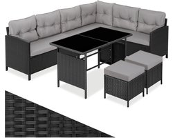 tectake® Loungeset Barletta - 6 tot 8 Personen - Modulaire Tuinset met Loungebank, Kruk en Tuintafel - Tuinmeubels - Balkonmeubel - 5-delige Zitgroep - Inclusief Kussens - Ideaal voor Tuin, Terras en Balkon - Zwart met Grijze Kussens