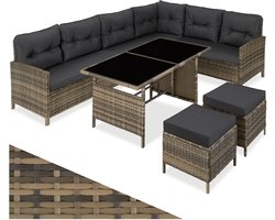 tectake® Loungeset Barletta - 6 tot 8 Personen - Tuinset met Loungebank, Kruk en Tuintafel - Tuinmeubels - Balkonmeubel - 5-delige Zitgroep - Inclusief Kussens - Ideaal voor Tuin, Terras en Balkon - Natuurkleur met Donkergrijze Kussens