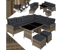tectake® Loungeset Barletta - Tuinset met Loungebank, Kruk en Tuintafel - Tuinmeubels - Balkonmeubel - 5-delige Zitgroep - Inclusief Kussens - Ideaal voor Tuin, Terras en Balkon - Natuurkleur met Donkergrijze Kussens