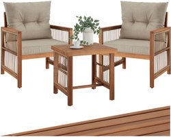 tectake® Loungeset Eivissa - Tuinset in Wicker Rope-Design - Tuinmeubelen Set met 2 Tuinstoelen van Hout en 1 Tuintafel - Inclusief XXL Kussens met Waterafstotende Hoezen - Weerbestendig - Bistroset voor Tuin, Balkon en Terras