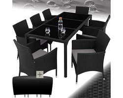 tectake® Loungeset - Wicker Tuinset - 8 Personen - 8 Tuinstoelen en 1 Tuintafel - Balkon, tuin en terras - Inclusief Beschermhoes en Kussens - UV-Bestendig - Veligheids Glazen Tafelblad - Zwart/Grijs