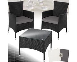 tectake® Loungeset - Wicker Tuinset met Verwisselbare Hoezen - 2 Stoelen en Tafel met Glazen Blad - 2 Outdoor Loungestoelen met Armleuningen en Tuintafel - Tuinmeubelset, Balkonmeubilair - Zwart - Poly-Rattan