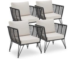 tectake® Loungestoelen Sundo - 4 Fauteuils voor Tuinset, Balkonset of Terras - Wicker Tuinstoelen Set in Rope-Design - Weerbestendig - Inclusief Kussens - Loungestoel Buiten - Loungeset Tuinmeubels