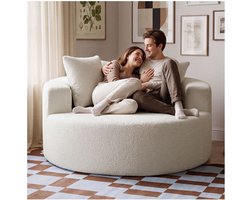 tectake® Loveseat - Zitzak Bank - 2 Personen - ø 127 x 60 cm - Frameloze Loungebank - Gevuld met Premium Schuim met Hoge Dichtheid - Bouclé bekleding - Brede Rugleuning - Met 3 Kussens - Bouclé Crème