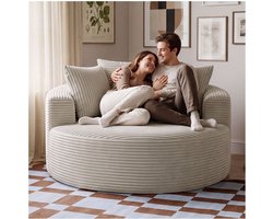 tectake® Loveseat - Zitzak Bank - 2 Personen - ø 127 x 60 cm - Frameloze Loungebank - Gevuld met Premium Schuim met Hoge Dichtheid - Fluwelen Corduroy Bekleding - Brede Rugleuning - Met 3 Kussens - Beige