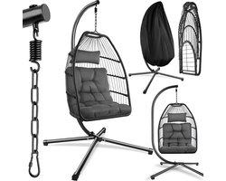 tectake® - Luxe hangstoel - Opvouwbare en draaibare egg chair met standaard - Dikke kussens - Antislipvoeten - Inclusief beschermhoes - Ideaal voor buiten, tuin, terras en slaapkamer - Donkergrijs
