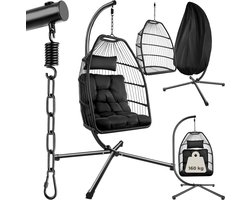 tectake® Luxe Hangstoel - Opvouwbare en draaibare Egg Chair met Standaard - Dikke Kussens - Antislipvoeten - Inclusief Beschermhoes - Ideaal voor Tuin, Terras en Slaapkamer - Zwart