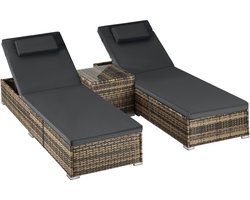 tectake® Luxe Wicker Ligbedden - Ligbed met Verstelbare Rugleuning - 2 Persoons Tuinmeubel - Tuin Ligbedden met Bijzettafel - Ligstoel - Zonnebed - Aluminium Frame - Inclusief Kussens - Natuur