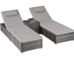 tectake® Luxe Wicker Ligbedden - Ligbed met Verstelbare Rugleuning - 2 Persoons Tuinmeubel - Tuin Ligbedden met Bijzettafel - Ligstoel - Zonnebed - Aluminium Frame - Inclusief Kussens - Grijs