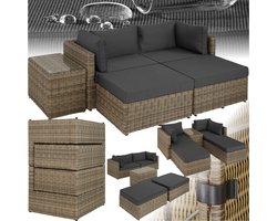 tectake® Luxe Wicker Loungeset - Modulaire Bank met Tafel en Kruk - Balkonmeubel - Tuinset - Weerbestendig - Ligbedden - Natuurkleur