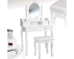 tectake® Make Up Tafel - Kaptafel met 4 Lades - Met Spiegel en Krukje - Make Up Stoel - Makeup Tafel Geschikt voor Kind en Volwassenen - Tafelhoogte 75 cm - Met Gestoffeerde Zitkruk