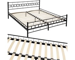 tectake® Metalen Bedframe met Lattenbodem - 180 x 200 cm - Een- of tweepersoonsbed van metaal - Twijfelaar - Bedframe voor slaapkamer en logeerkamer - Zwart - Verschillende kleuren en maten