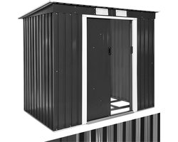 tectake® Metalen Tuinhuis met Schuin Dak - Tuin Gereedschapsschuur met Schuifdeur - Schuur met metalen Fundering - Tuinhuis - Fietsengarage - 4 m³ Opslagruimte - grijs/wit