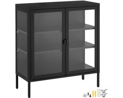tectake® Metalen Vitrinekast - 80 x 37 x 90,5 cm - Glazen Deuren met Magneetsluiting - Industriële Lowboard Kast op Poten - Verstelbare Legplanken - Buffetkast - Vitrine Kastje - Zwart
