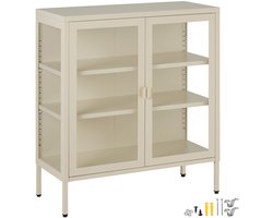 tectake® Metalen Vitrinekast - 80 x 37 x 90,5 cm - Glazen Deuren met Magneetsluiting - Industriële Lowboard Kast op Poten - Verstelbare Legplanken - Buffetkast - Vitrine Kastje - Crème