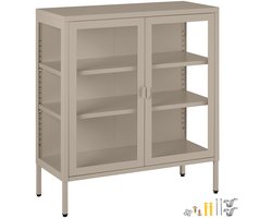 tectake® Metalen Vitrinekast - 80 x 37 x 90,5 cm - Glazen Deuren met Magneetsluiting - Industriële Lowboard Kast op Poten - Verstelbare Legplanken - Buffetkast - Vitrine Kastje - Taupe