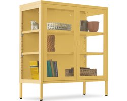 tectake® Metalen Vitrinekast - 80 x 37 x 90,5 cm - Glazen Deuren met Magneetsluiting - Industriële Lowboard Kast op Poten - Verstelbare Legplanken - Buffetkast - Vitrine Kastje - Geel