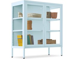 tectake® Metalen Vitrinekast - 80 x 37 x 90,5 cm - Glazen Deuren met Magneetsluiting - Industriële Lowboard Kast op Poten - Verstelbare Legplanken - Buffetkast - Vitrine Kastje - Grijs/Blauw