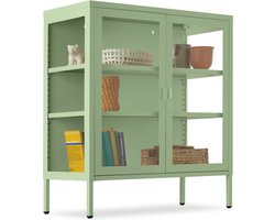tectake® Metalen Vitrinekast - 80 x 37 x 90,5 cm - Glazen Deuren met Magneetsluiting - Industriële Lowboard Kast op Poten - Verstelbare Legplanken - Buffetkast - Vitrine Kastje - Saliegroen