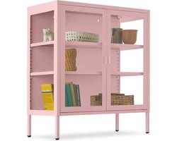 tectake® Metalen Vitrinekast - 80 x 37 x 90,5 cm - Glazen Deuren met Magneetsluiting - Industriële Lowboard Kast op Poten - Verstelbare Legplanken - Buffetkast - Vitrine Kastje - Roze