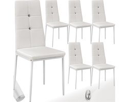 tectake® Moderne Stoelen - Set Stoelen met Kunstleren Bekleding en Strass-Steentjes - Geschikt als Keukenstoel, Eetkamerstoel of Gestoffeerde Stoel voor Woonkamer, Eettafel, Bar (Wit, set van 6)