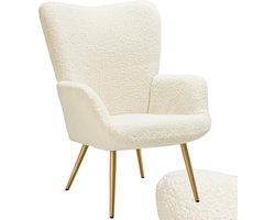 tectake® Oorfauteuil Hygge - Fauteuil in Scandinavische stijl - Teddy Bouclé Stoel - Stoel voor Woonkamer, Slaapkamer - Loungefauteuil - Goud Metalen poten - Draagvermogen tot 150 kg - Crème