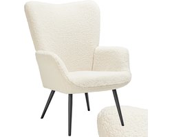 tectake® Oorfauteuil Hygge - Fauteuil in Scandinavische stijl - Teddy Bouclé Stoel - Stoel voor Woonkamer, Slaapkamer - Loungefauteuil - Zwart Metalen poten - Draagvermogen tot 150 kg - Crème